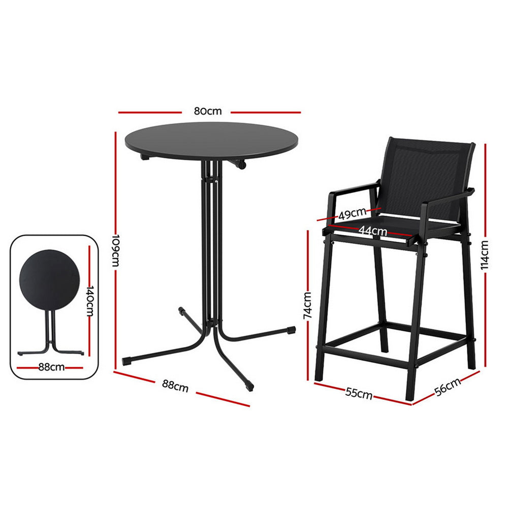 3 Piece Outdoor Bar Set with Textilene Stools & Table – Black