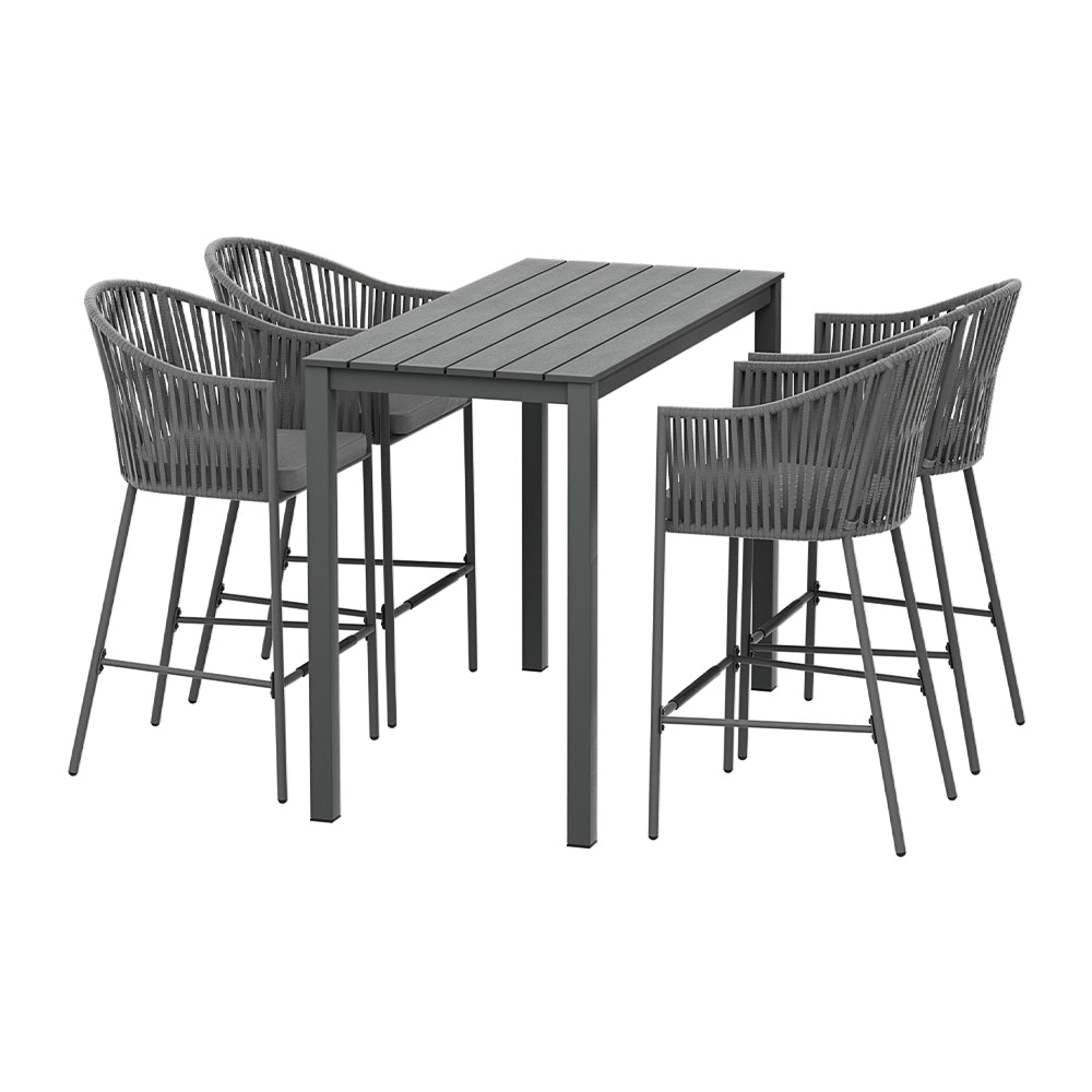 Lynora 5 Piece Outdoor Bar Setting with Handwoven Rope Design - Grey