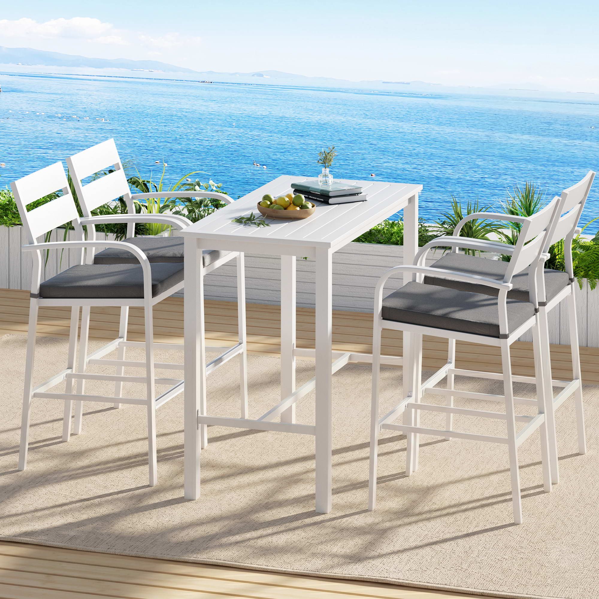 Outdoor Bar Set 5-Piece Patio Dining Chairs Aluminium Table Stools White