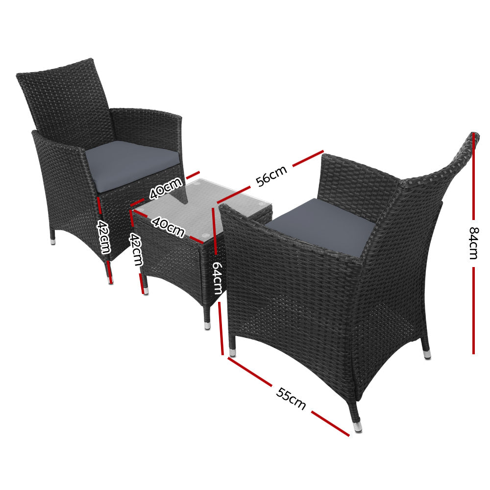 3PC Outdoor Bistro Set Patio Furniture Wicker Setting Chairs Table Cushion Black