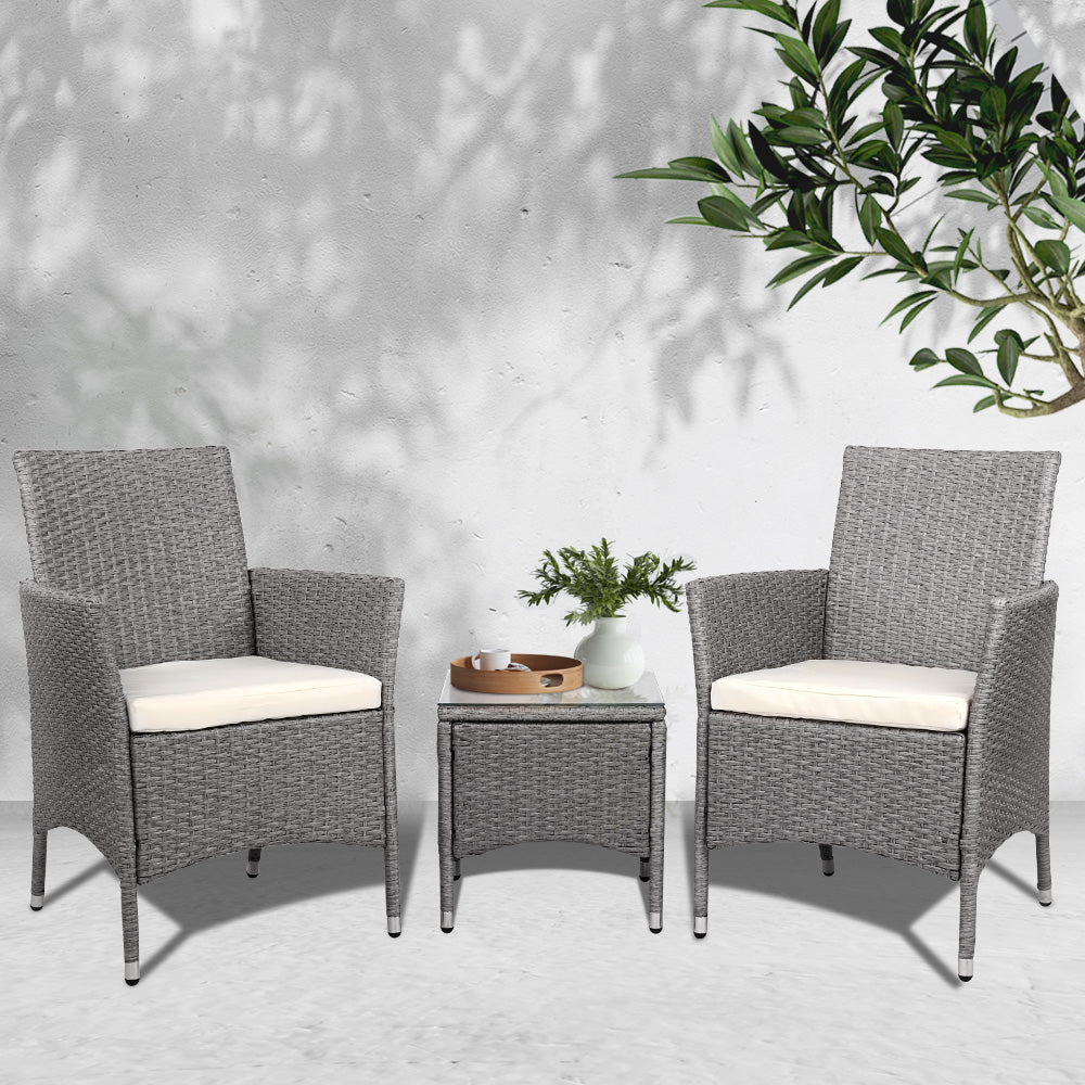 3PC Outdoor Bistro Set Patio Furniture Wicker Setting Chairs Table Cushion Grey