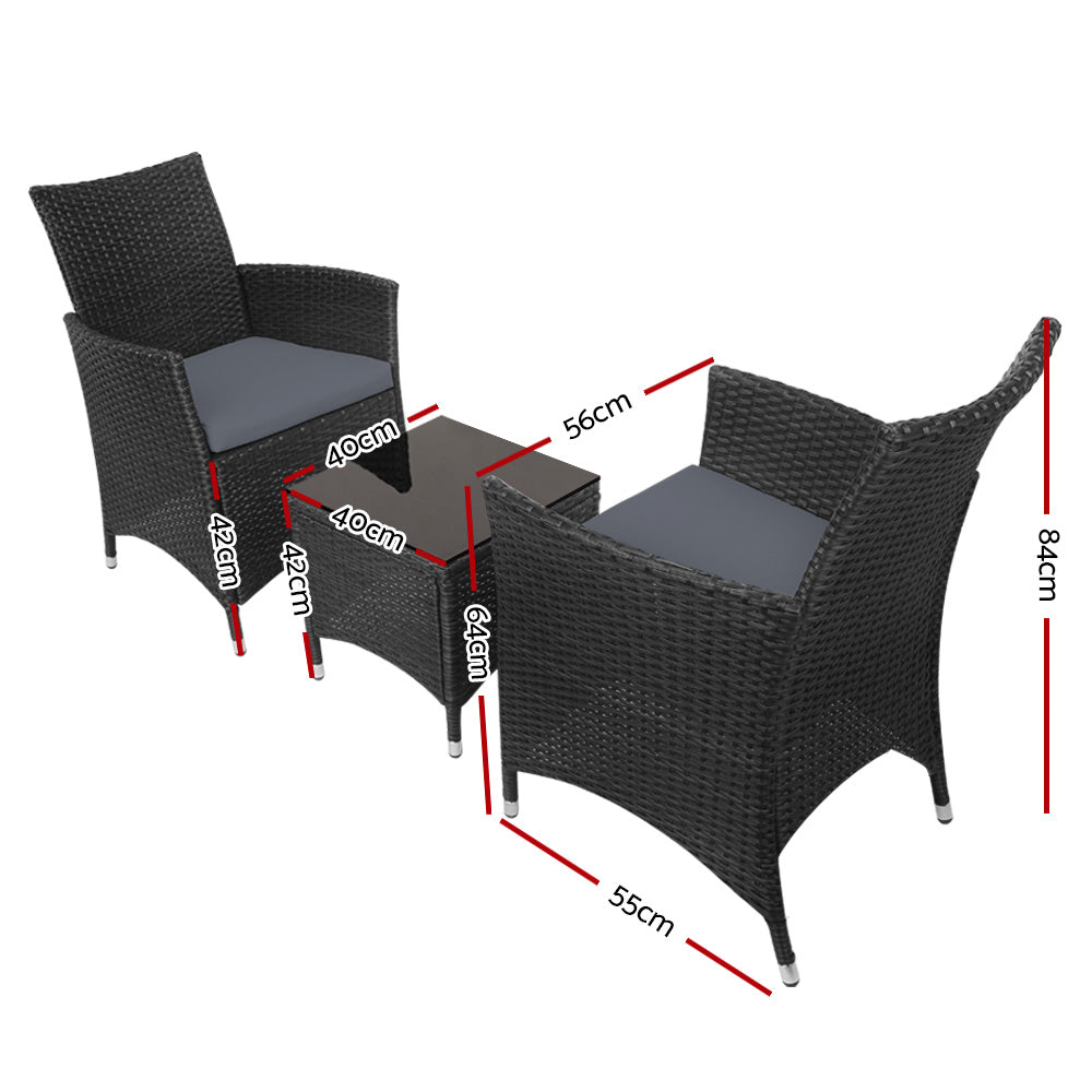 3PC Outdoor Bistro Set Patio Furniture Wicker Chairs Table Cushion All Black