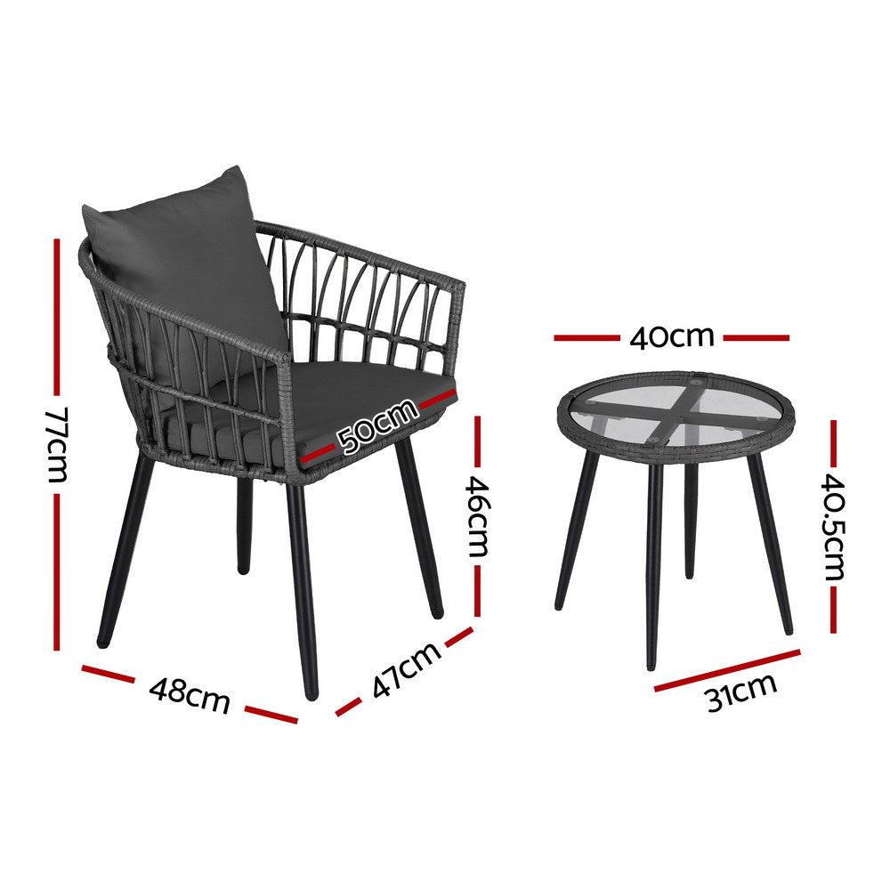 3PC Outdoor Bistro Set Patio Furniture Lounge Setting Table and Chairs Grey