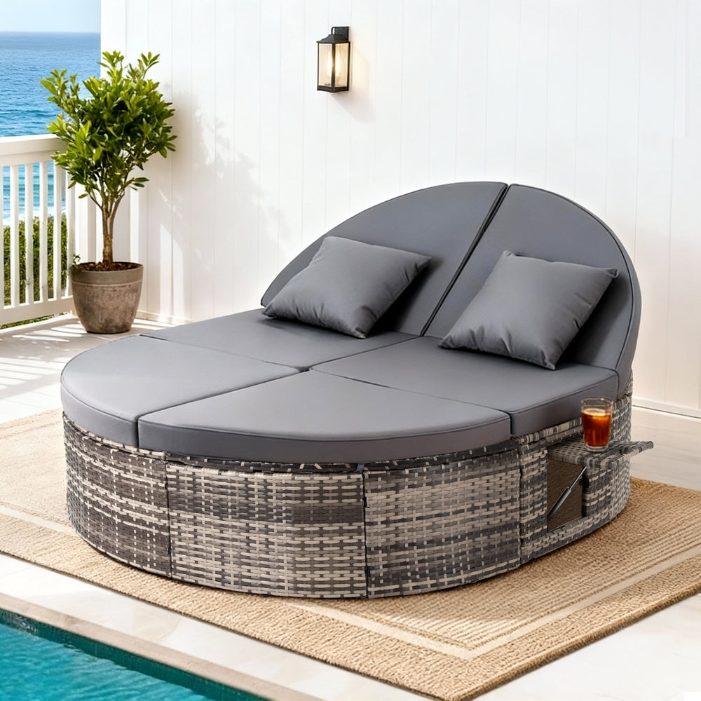 Outdoor Day Bed Sun Lounge Setting Wicker Lounger Patio Furniture w/ Retractable Side Tray