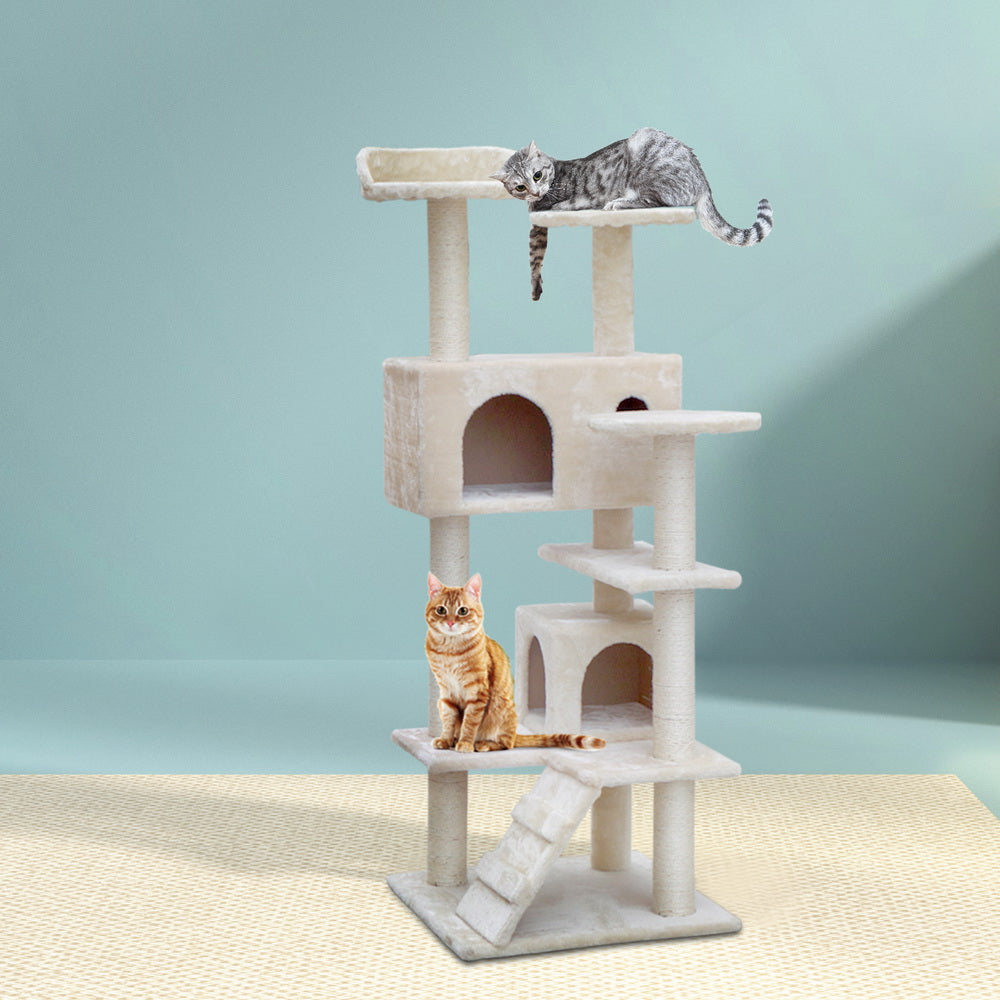 Cat Tree 134cm Tower Scratching Post Scratcher Wood Condo House Bed Beige