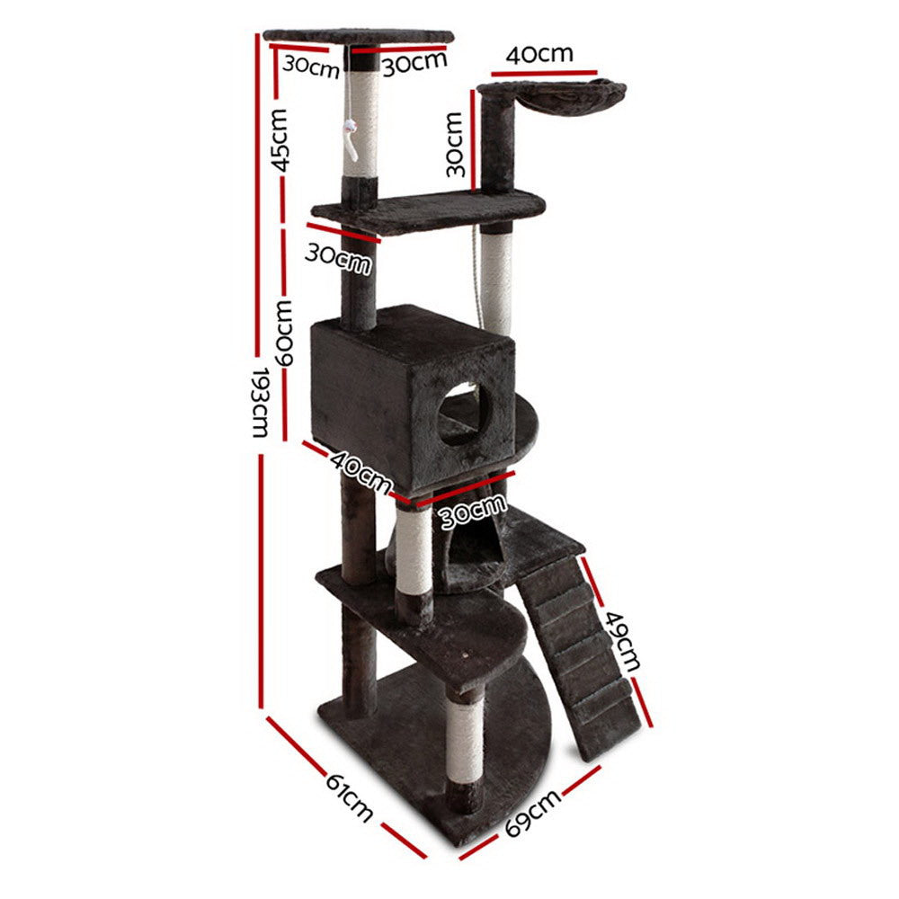 Cat Tree 193cm Tower Scratching Post Scratcher Condo House Trees Grey