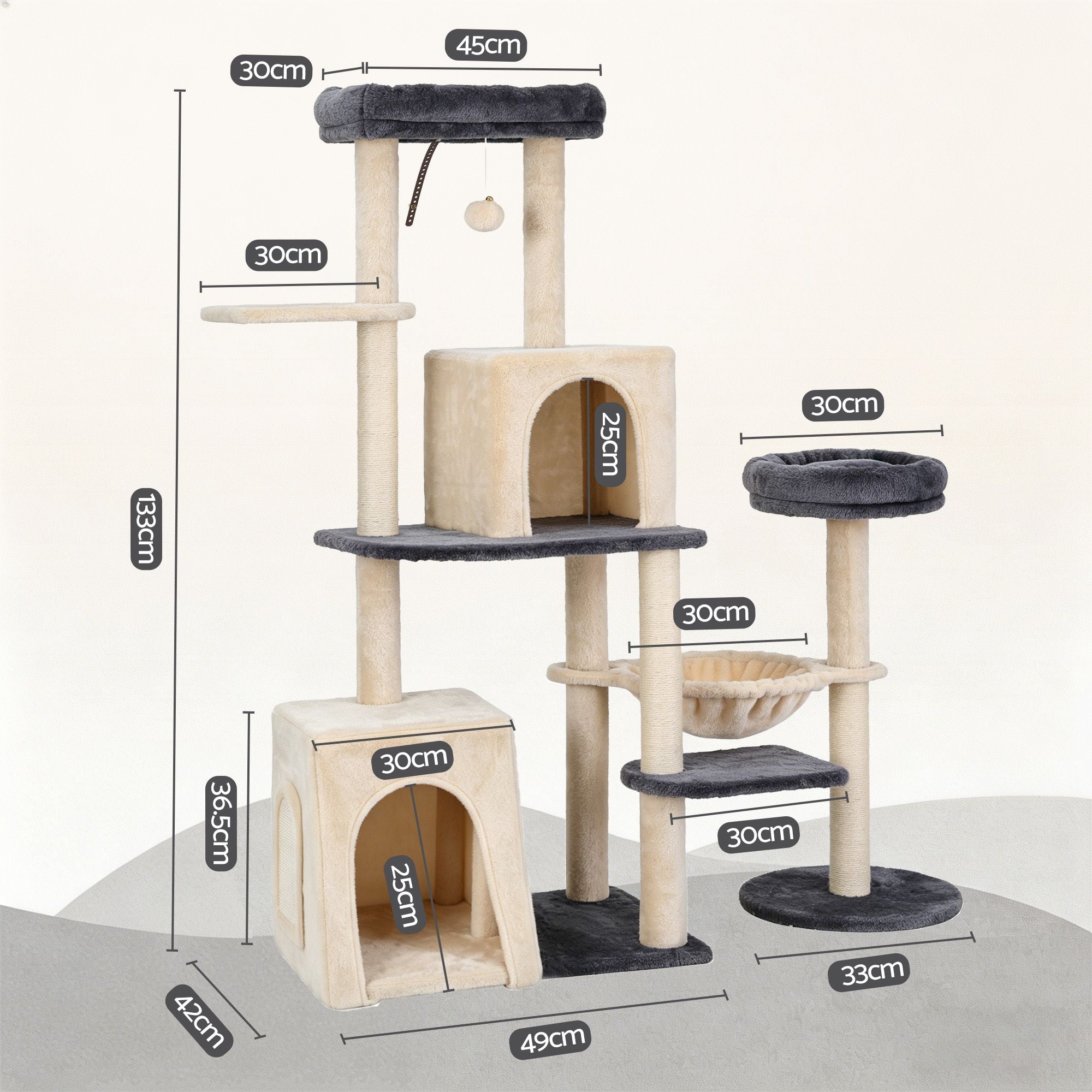 Cat Tree Tower 133cm Rotatable L-Shape Design Scratching Post Furniture Scratcher House Grey & Beige