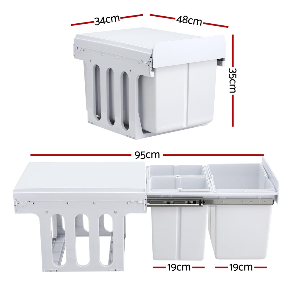 Pull Out Bin Kitchen Triple Slide Garbage Rubbish Bins Basket White 31L