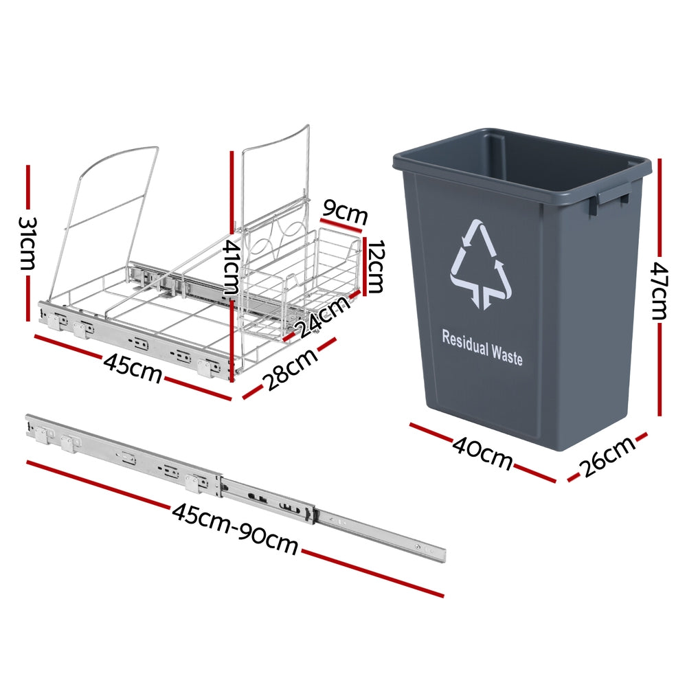 Pull Out Bin Kitchen Cabinet Slide Garbage Rubbish Bins Basket 40L Grey