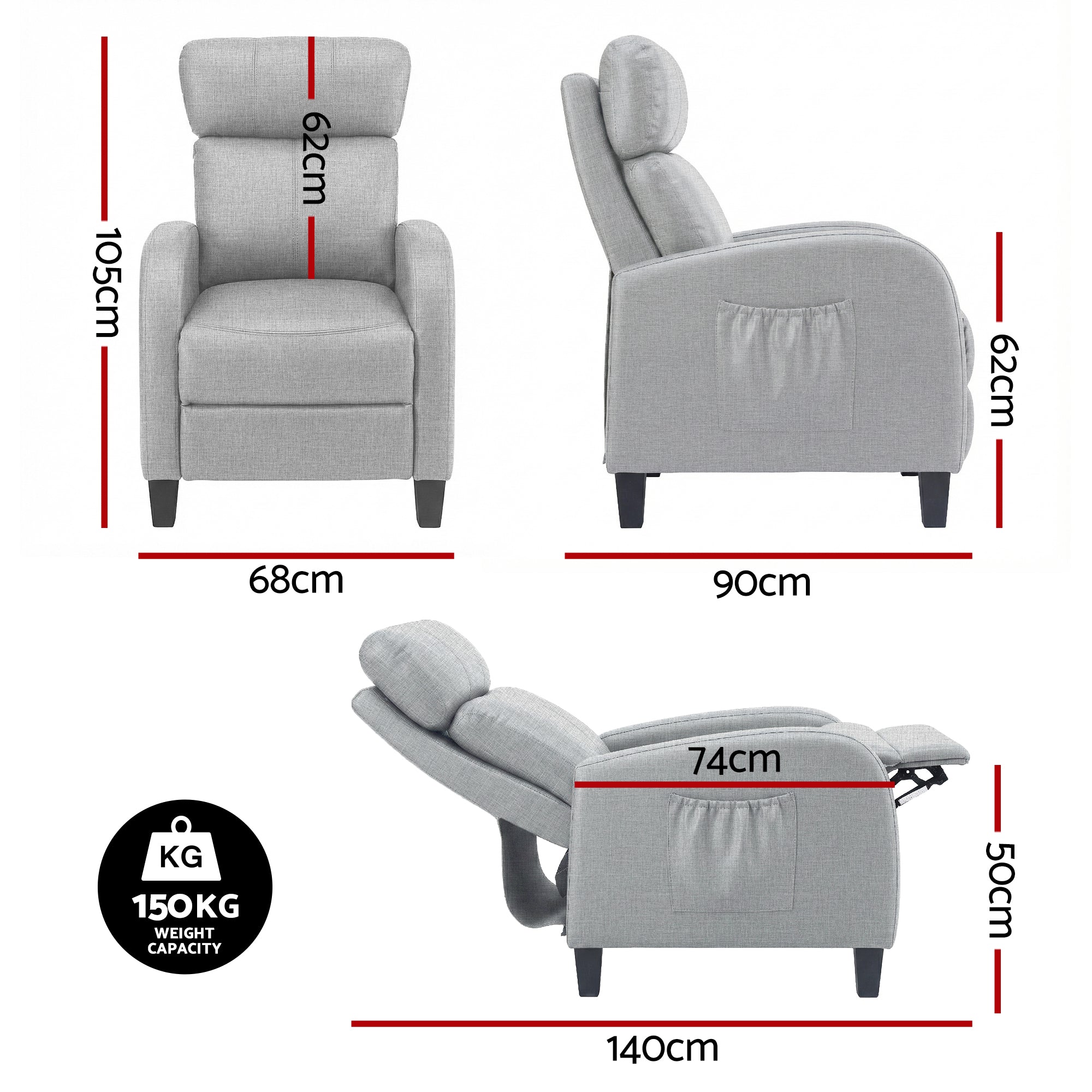 Massage Recliner Chair Small Recliner Sofa with Fabric Upholstery - Grey