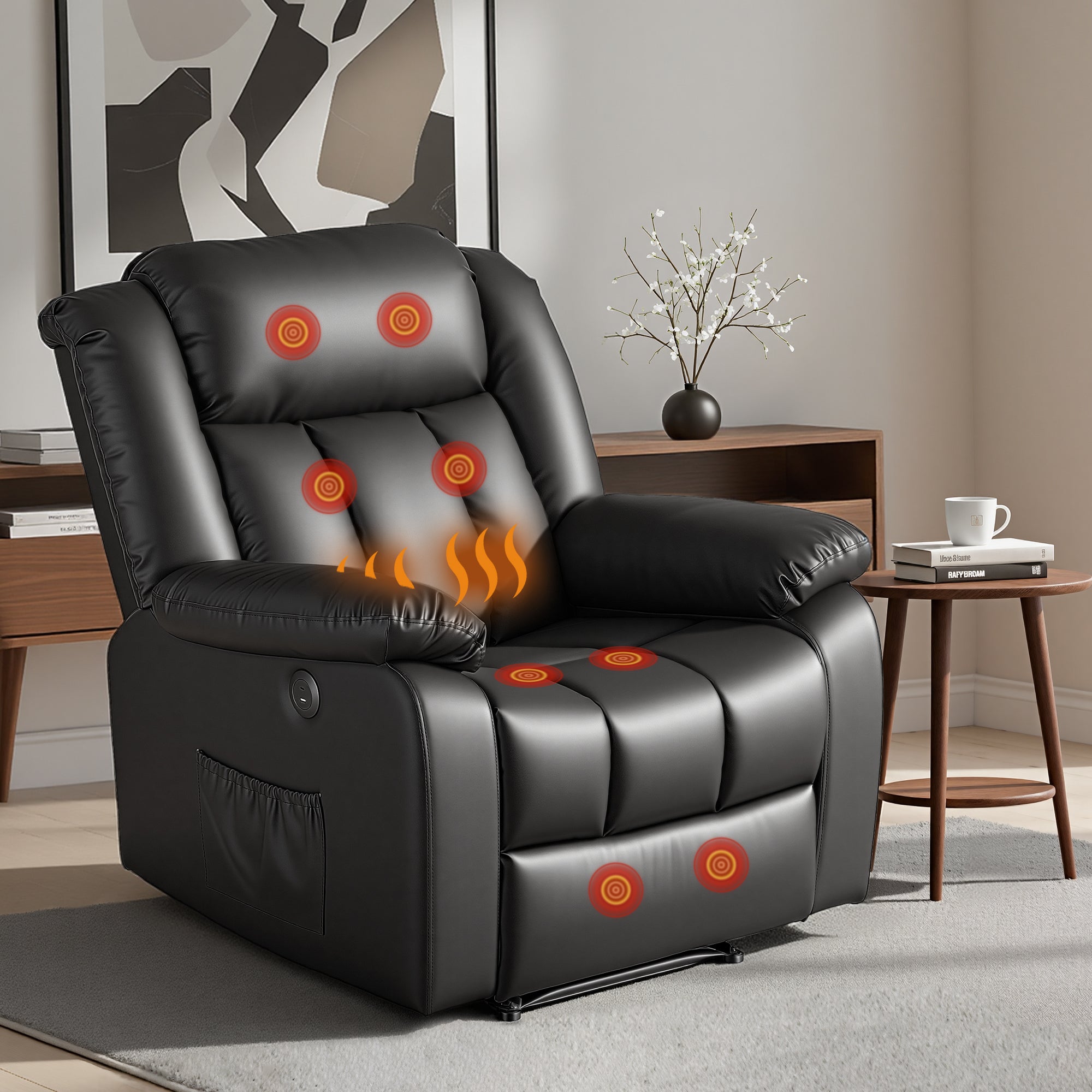 Manual Massage Recliner Chair for Living Room, Leather Sofa Lounge Reclining Chair with 2 USB Port, 160° Recline Reading Chair with 20CM Wide Armrests, 8 Point Vibration & Lumbar Heat, Black