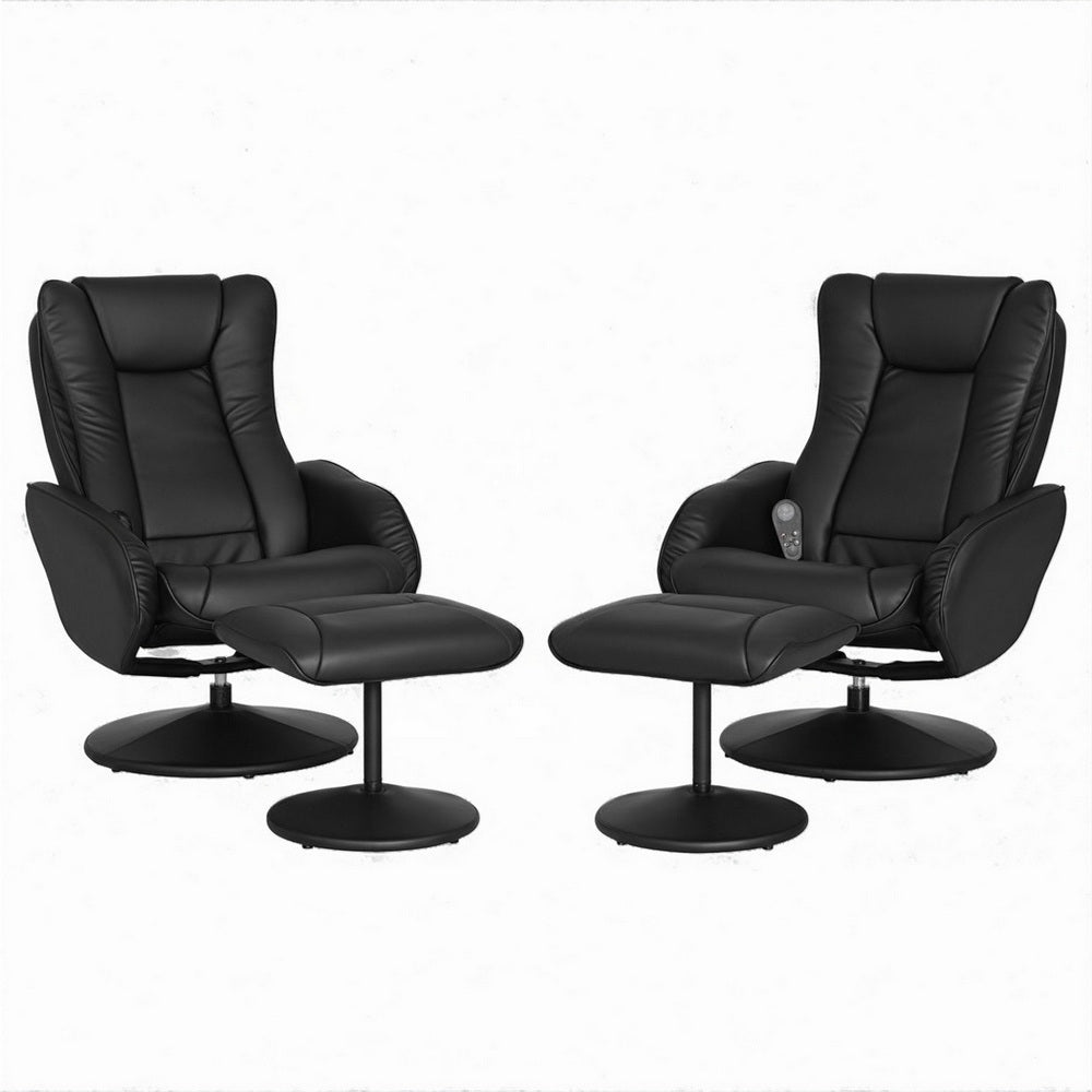 Set of 2 Recliner Chair Ottoman Heated Massage Black