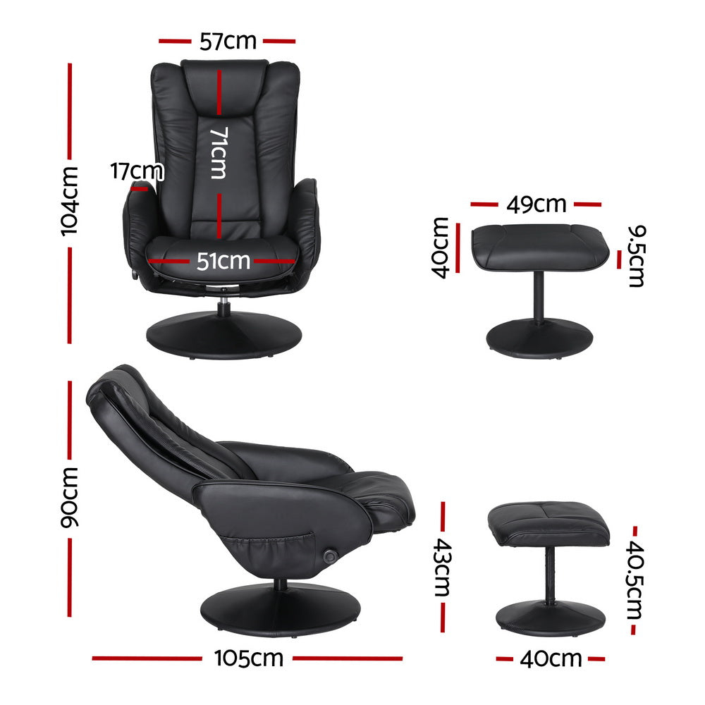 Set of 2 Recliner Chair Ottoman Heated Massage Black