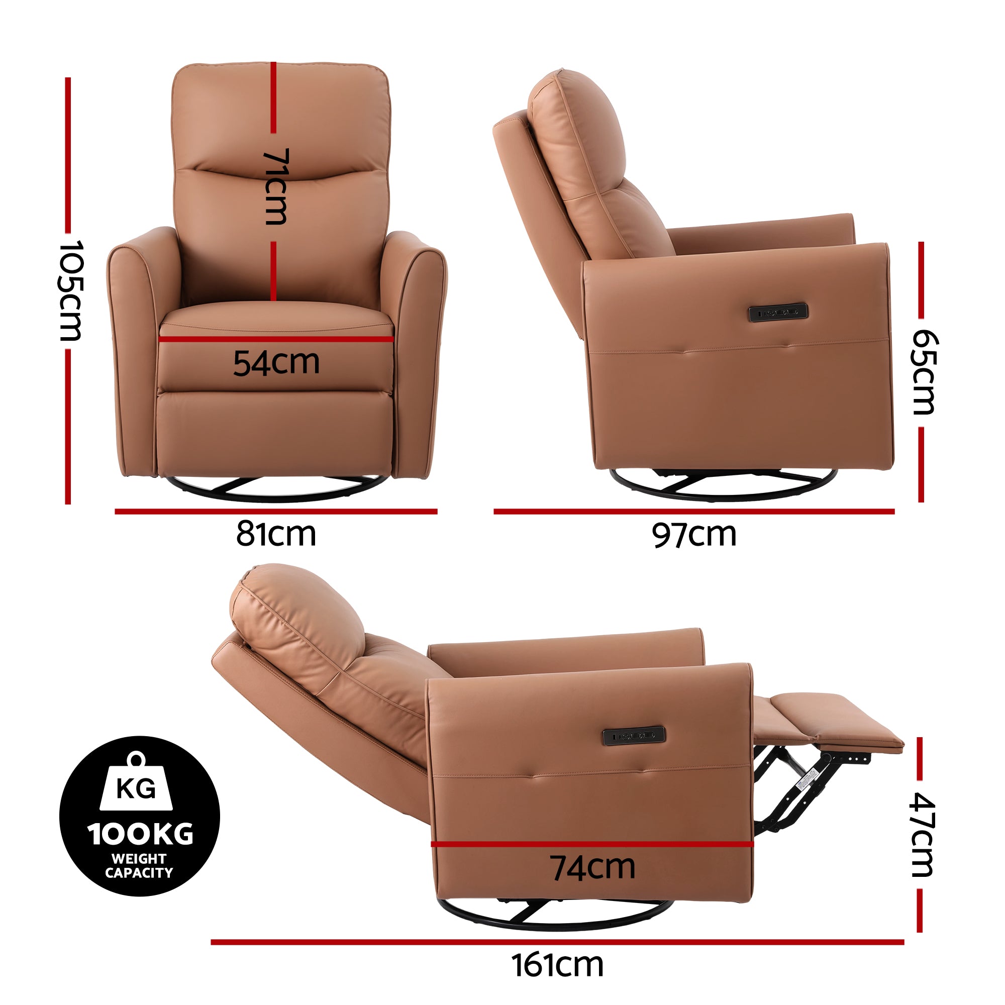 Swivel Recliner Chair Leather Rocking Reclining Sofa with Charging Ports LED Brown