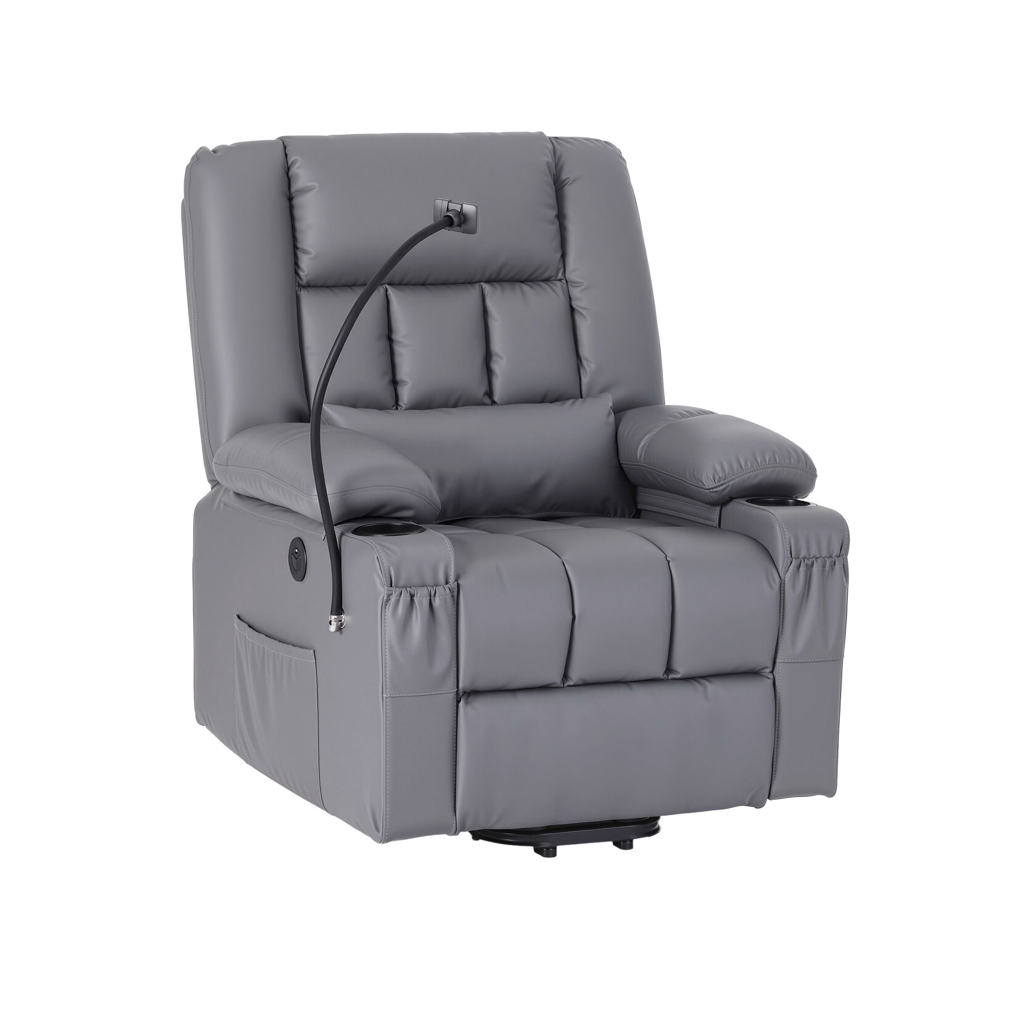 Power Lift Recliner Chair with Massage and Heat for Elderly, Electric Sofa Reclining Chair with USB and Phone Holder, PU Leather Comfy Armchair for Living Room, 2 Cup Holder & 4 Pockets, Grey