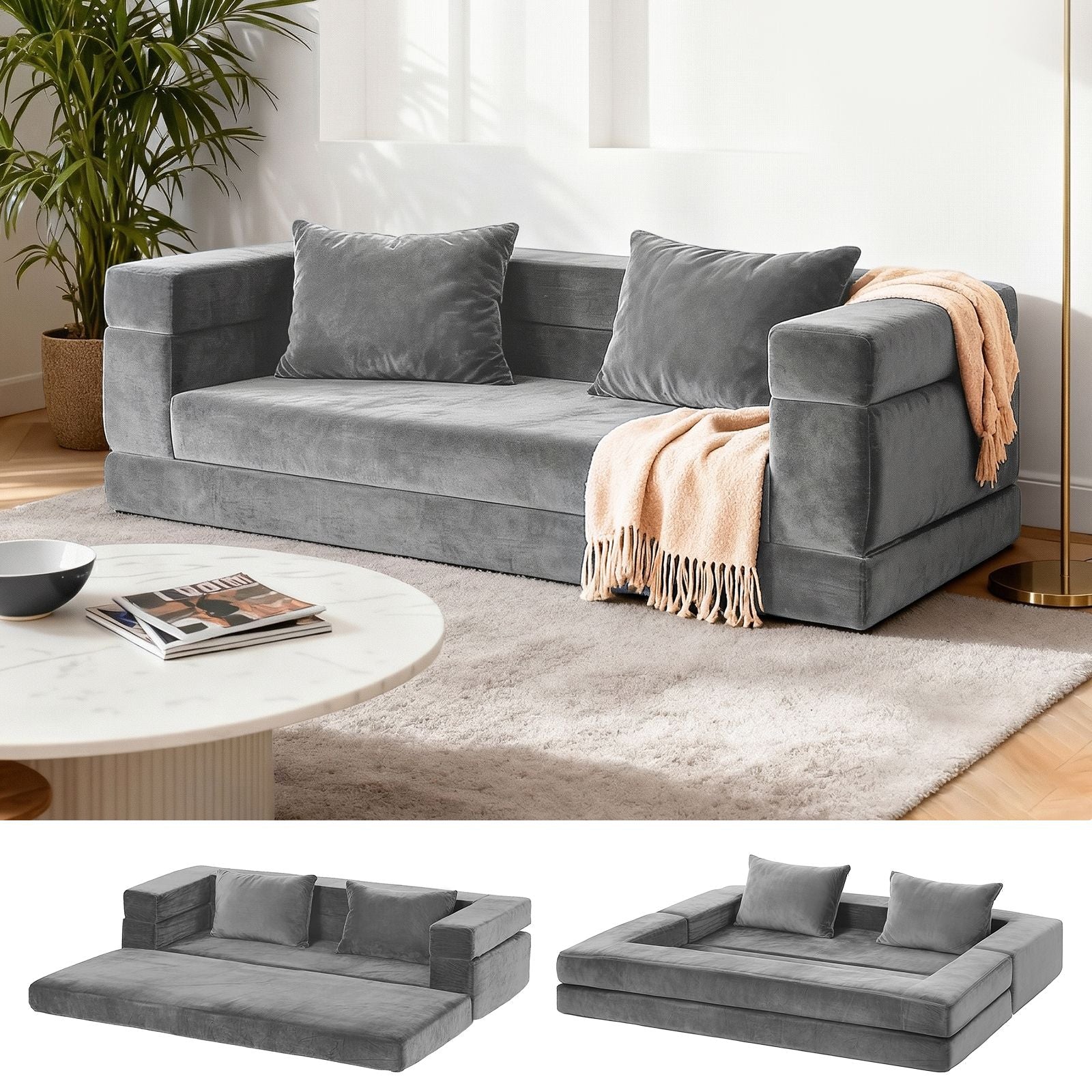Convertible Folding Sofa Bed Pull Out Mattress Foldable Lounge Couch Grey
