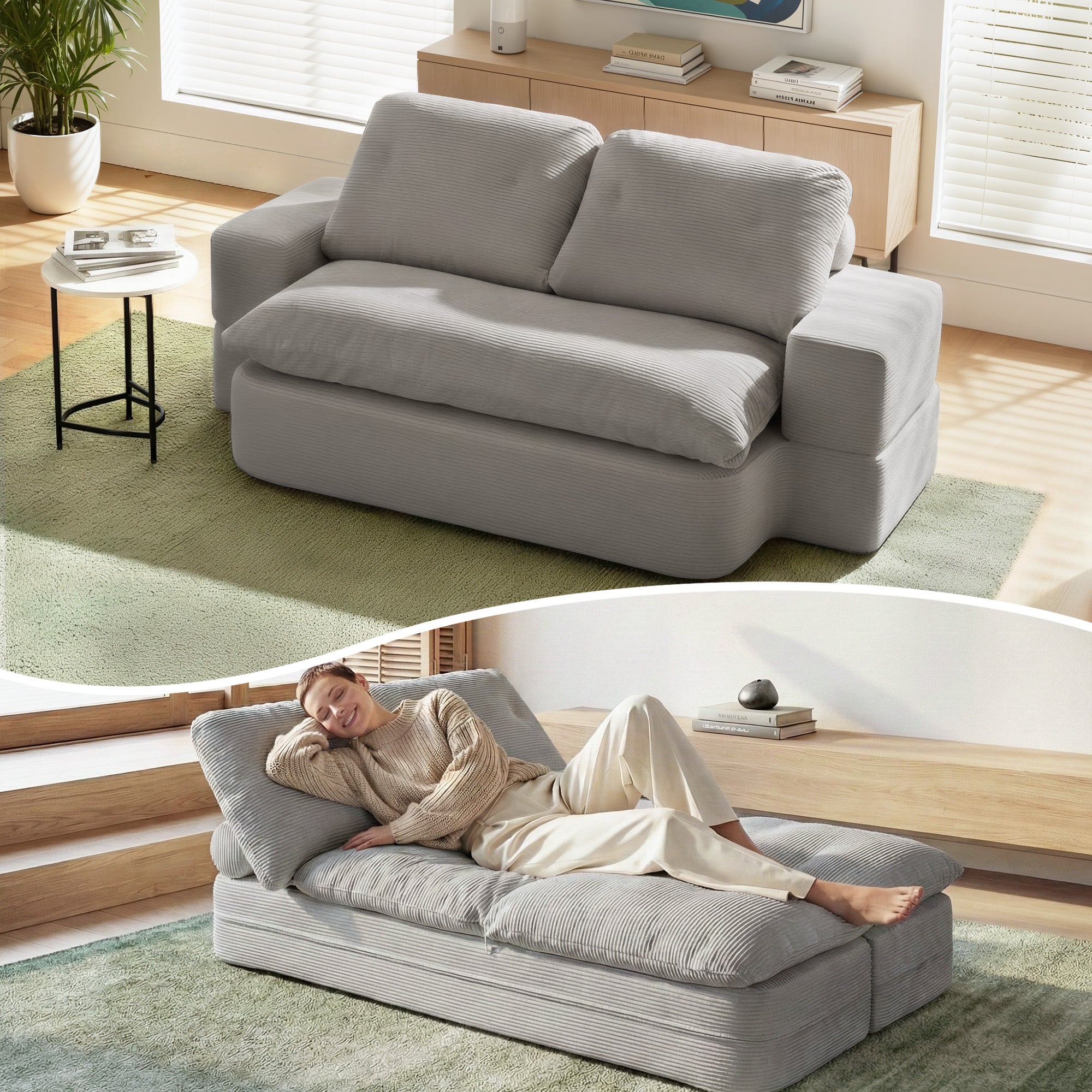 Convertible Folding Sofa Bed with 30D High-Density Foam Corduroy Sleeper Couch Lounger - Grey