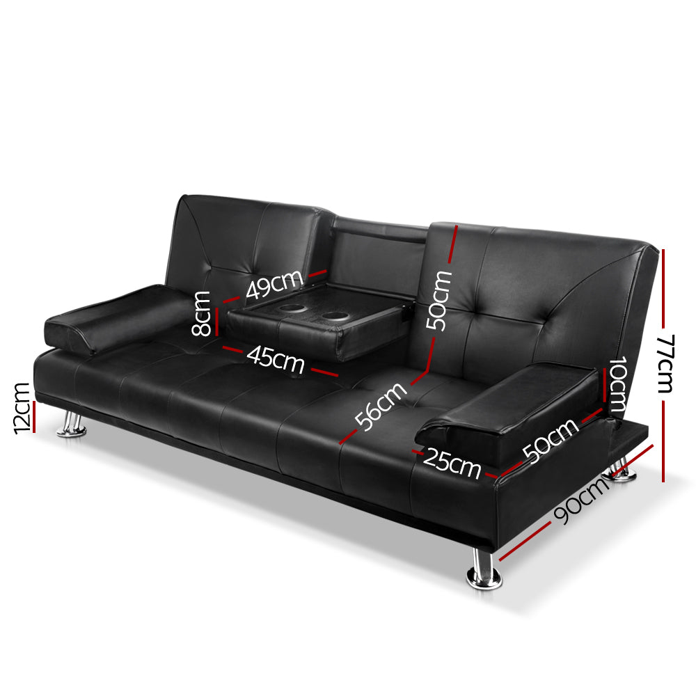Sofa Bed Lounge Convertible Leather Couch Bed 3 Seater Cupholder Recliner