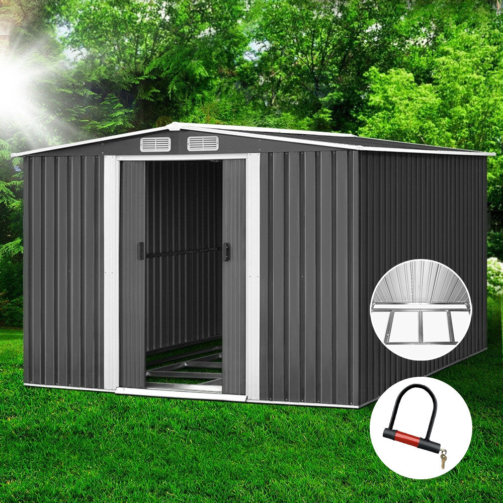 Garden Shed 2.58x3.14M w/Metal Base Sheds Outdoor Storage Workshop Shelter Sliding Door