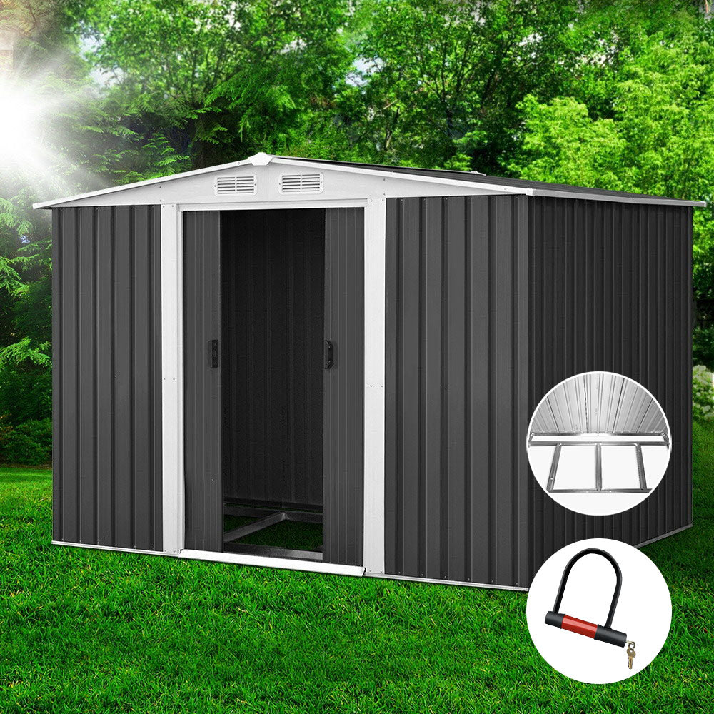 Garden Shed 2.58x2.07M w/Metal Base Sheds Outdoor Storage Double Door Tool