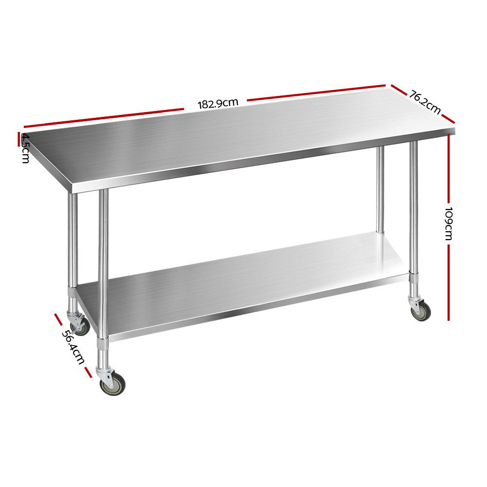 1829x760mm Stainless Steel Kitchen Bench with Wheels 430
