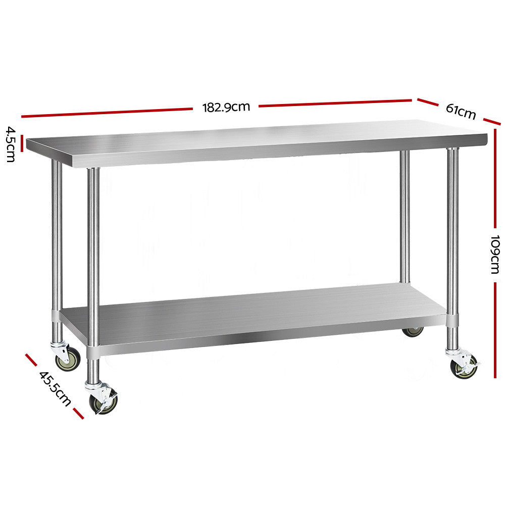 1829x610mm Stainless Steel Kitchen Bench with Wheels 430