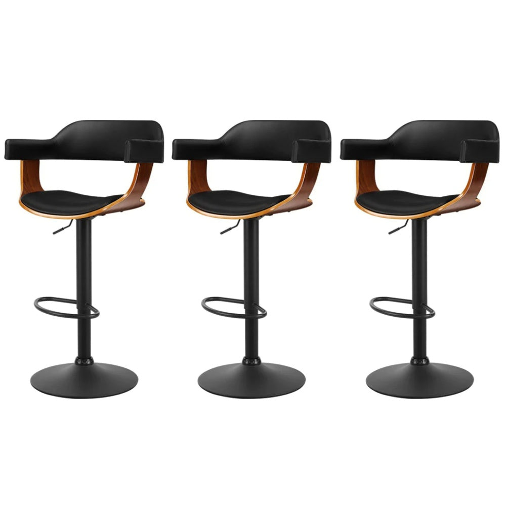 Set of 3 Flynn Wooden Gas Lift Bar Stools With Armrest - Black