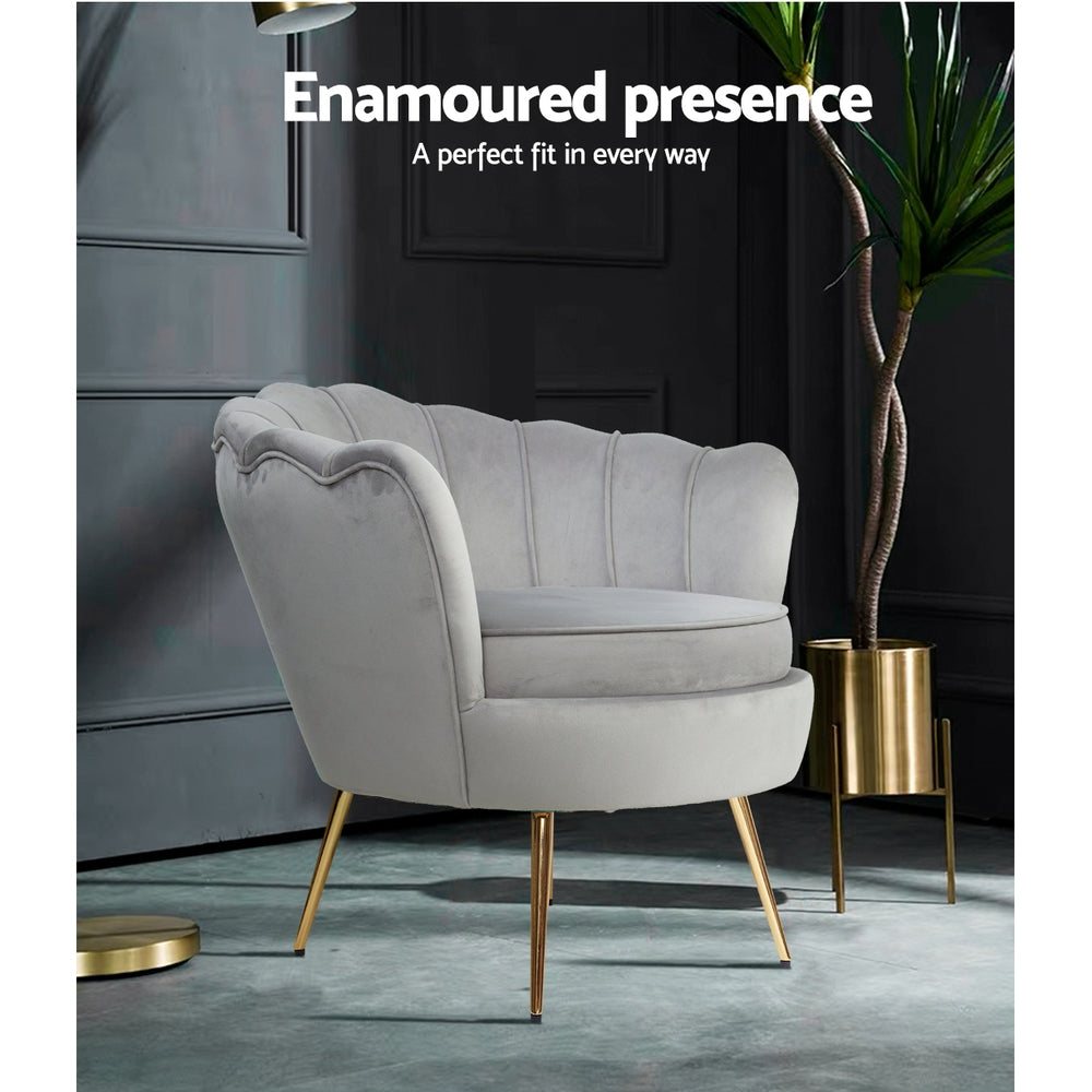 Velvet Upholstered Armchair with Gold Metal Legs - Grey