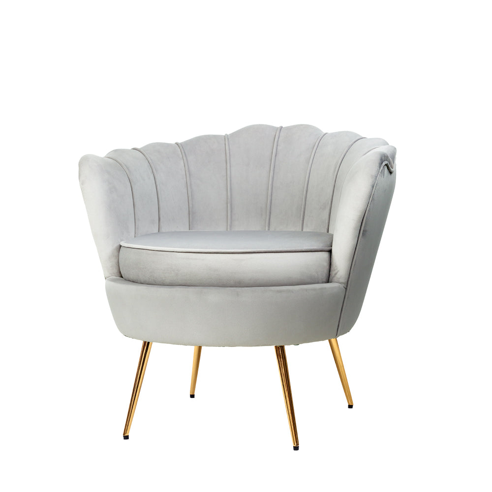 Velvet Upholstered Armchair with Gold Metal Legs - Grey