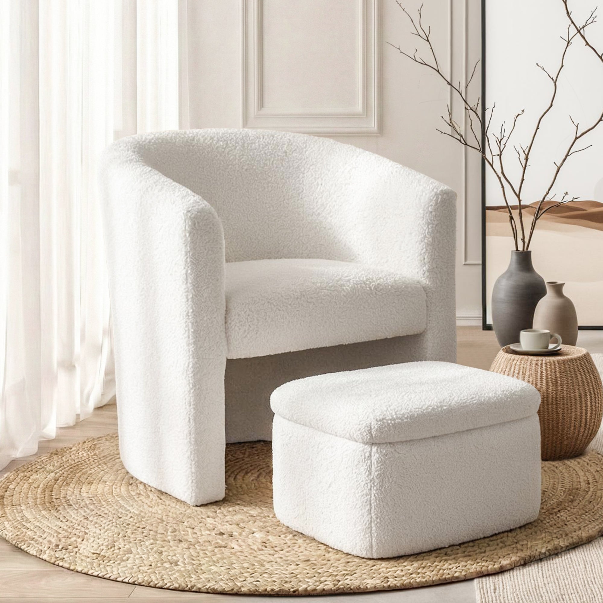 Boucle Armchair Accent Chair with Storage Ottoman Lounge Footrest - White
