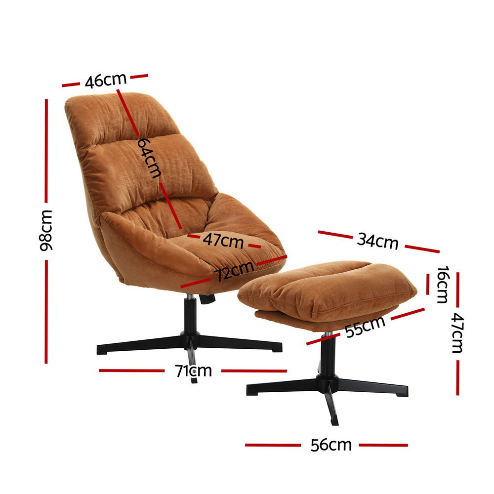 Yaro Lounge Chair and Ottoman Set 360° Swivel Linen Fabric - Orange