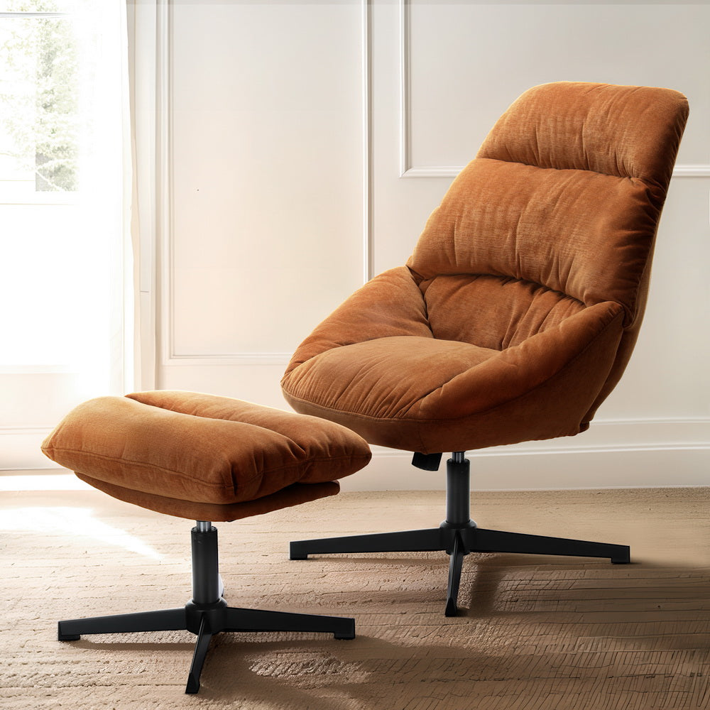 Yaro Lounge Chair and Ottoman Set 360° Swivel Linen Fabric - Orange