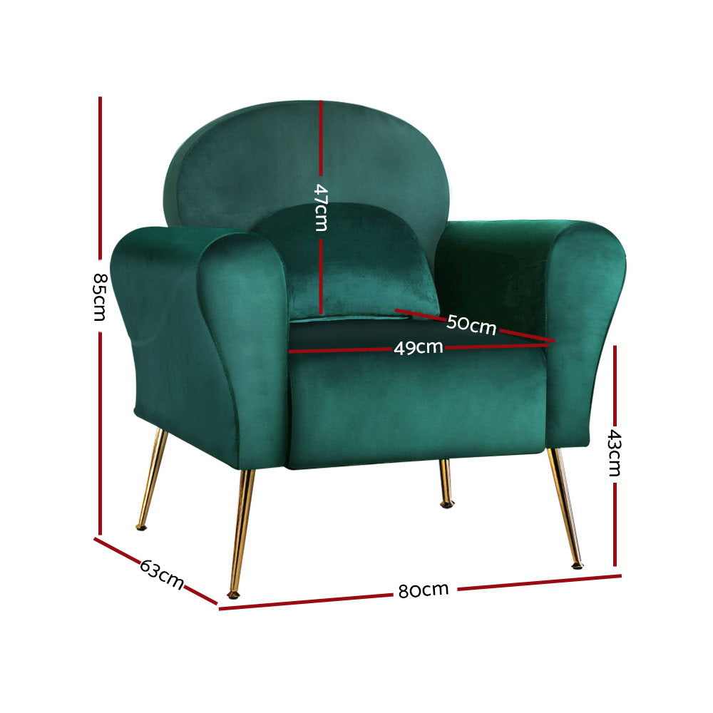 Caroline Armchair with Velvet Upholstery and Gold Legs - Green