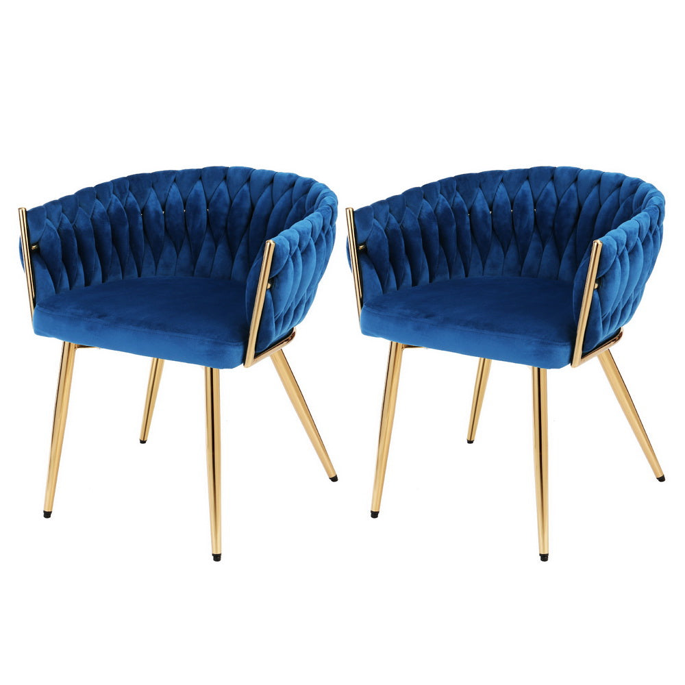 Set of 2 Dining Chairs Velvet Weaving Armchair Blue