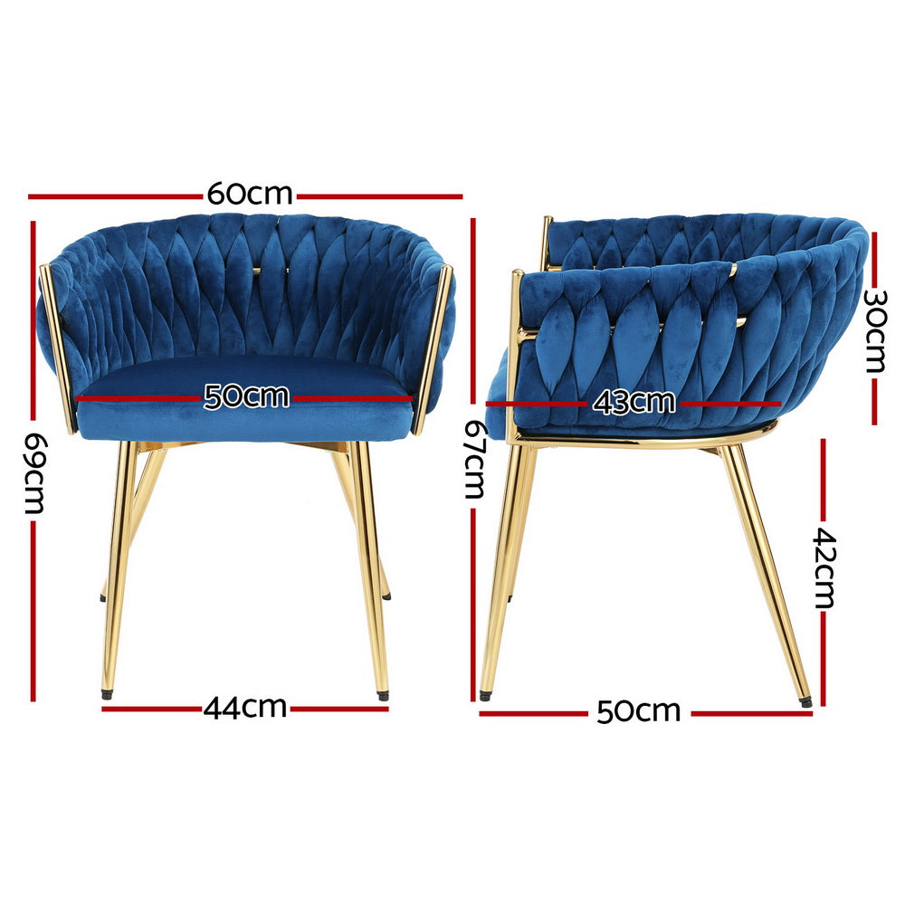 Set of 2 Dining Chairs Velvet Weaving Armchair Blue