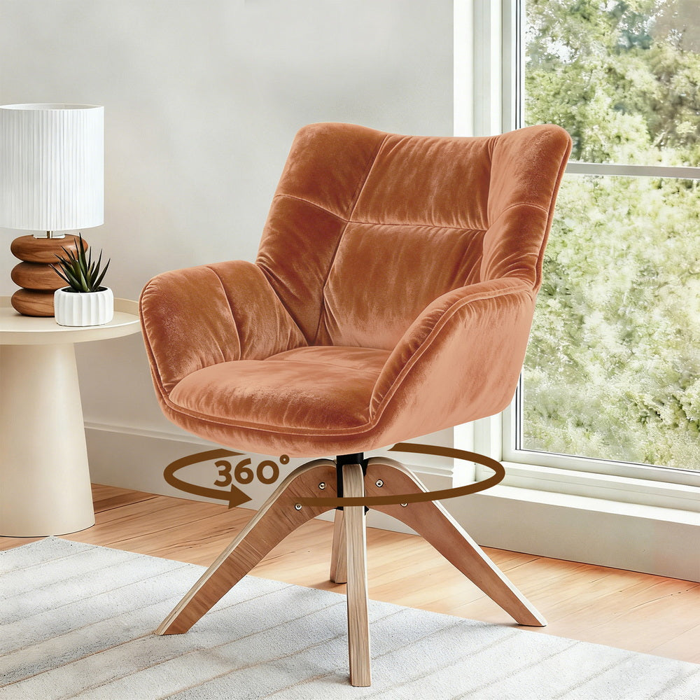 Swivel Armchair with Velvet Upholstery and Wooden Legs 66x69x84cm - Brown