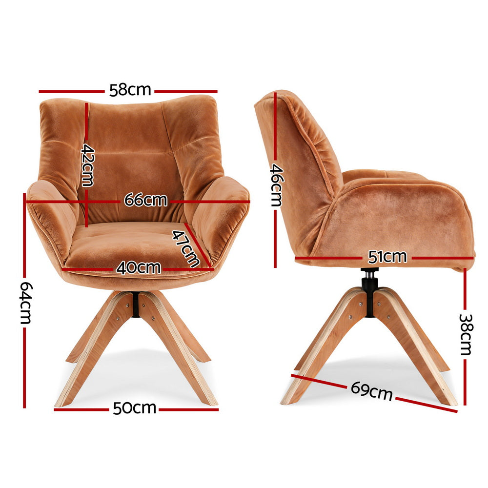 Swivel Armchair with Velvet Upholstery and Wooden Legs 66x69x84cm - Brown