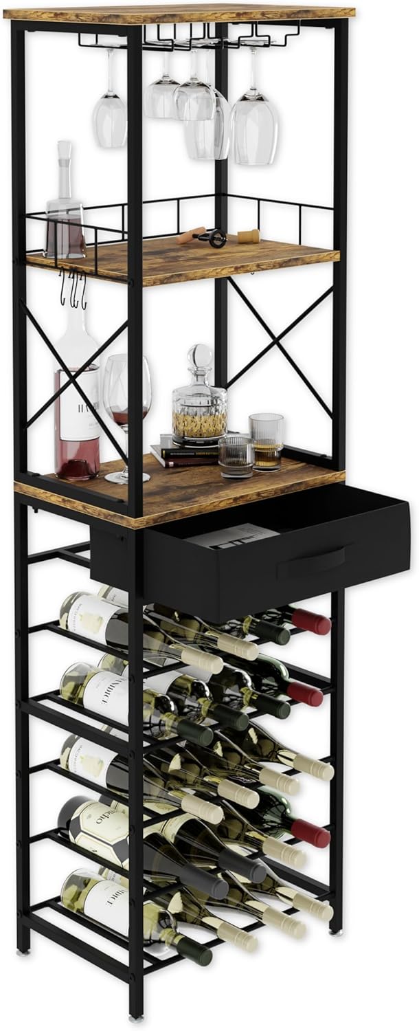 Freestanding Wine Rack for 20 Bottles with Wood Countertop and Sturdy Metal Frame
