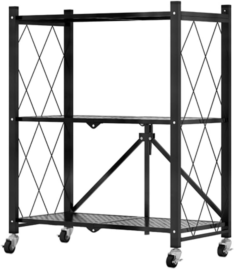 3-Tier Foldable Storage Shelf with Wheels for Kitchen, Garage, Pantry or Basement (Black)
