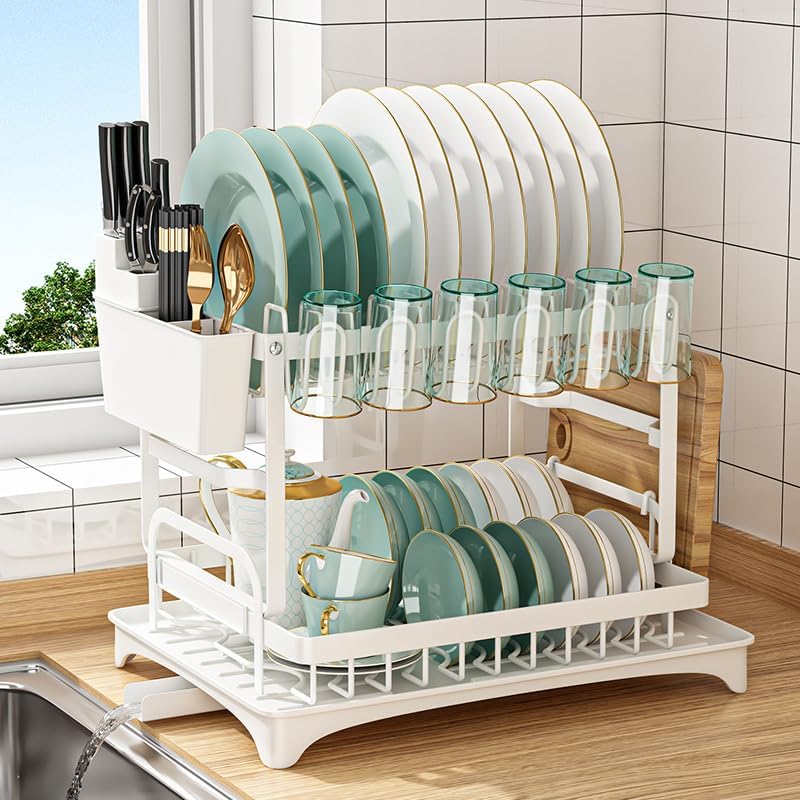 2-Tier Dish Drying Rack with Drainage Tray, Utensil Holder, Cup Hooks & Cutting Board Slot for Countertop Kitchen Storage (White)