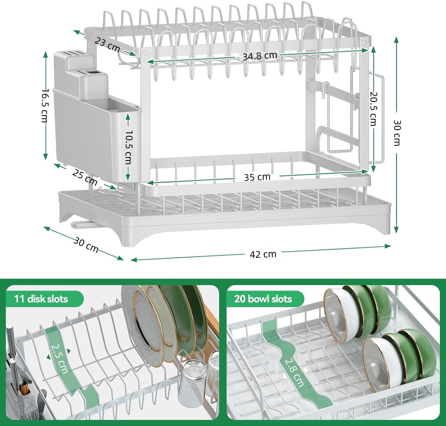 2-Tier Dish Drying Rack with Drainage Tray, Utensil Holder, Cup Hooks & Cutting Board Slot for Countertop Kitchen Storage (White)