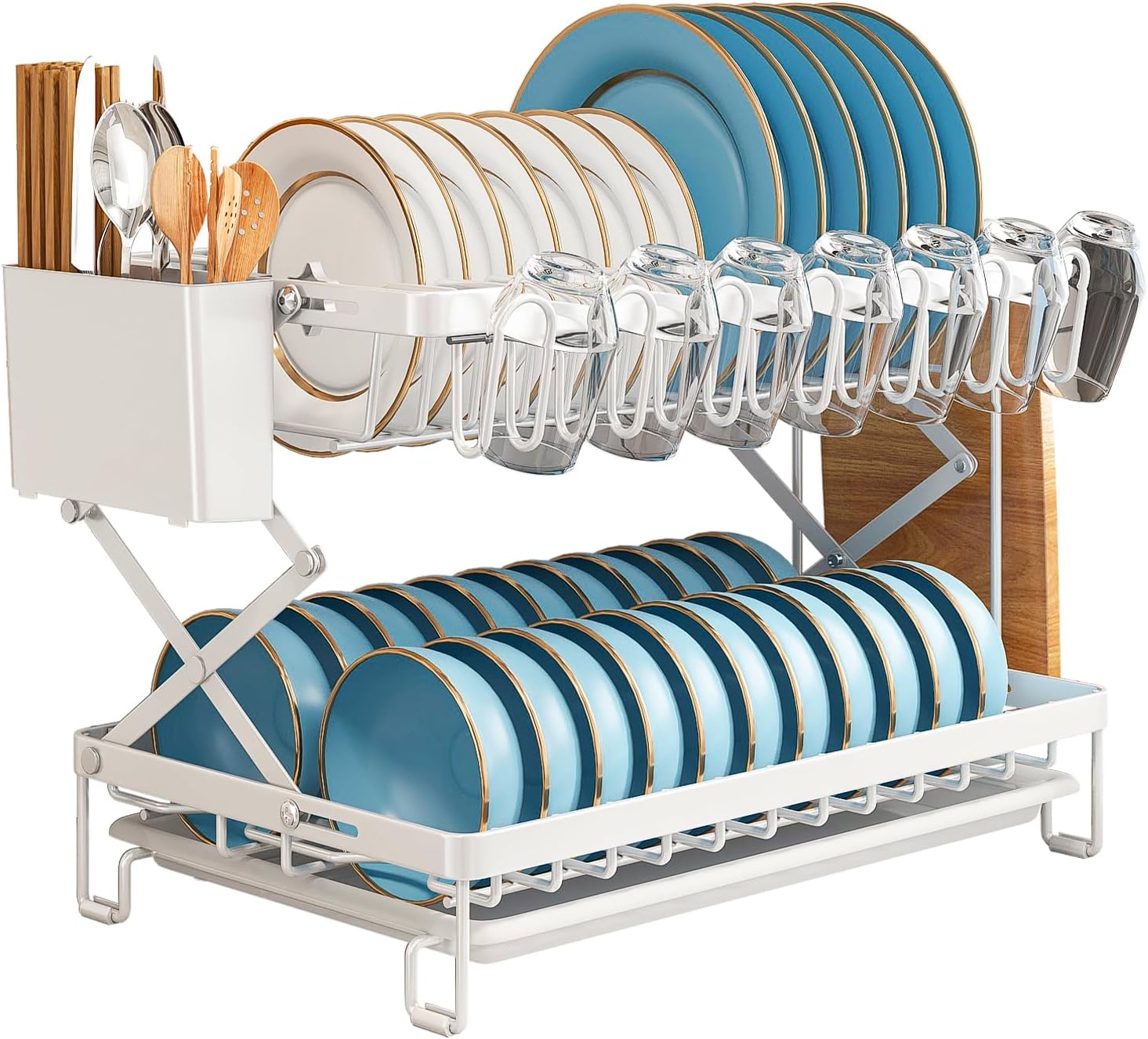 2-Tier Dish Drying Rack with Drainage Tray, Utensil Holder, Cup Hooks & Cutting Board Rack for Kitchen (White)