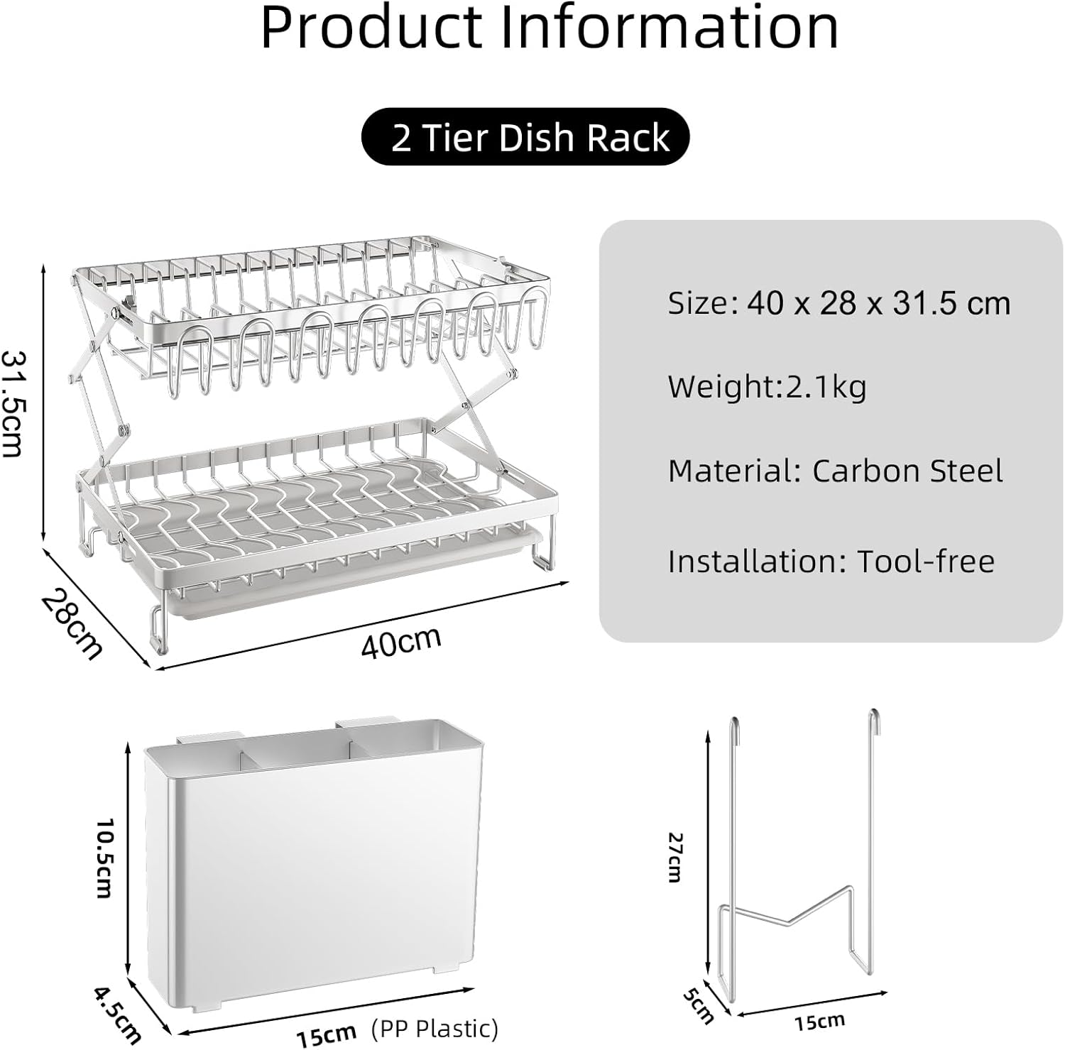 2-Tier Dish Drying Rack with Drainage Tray, Utensil Holder, Cup Hooks & Cutting Board Rack for Kitchen (White)