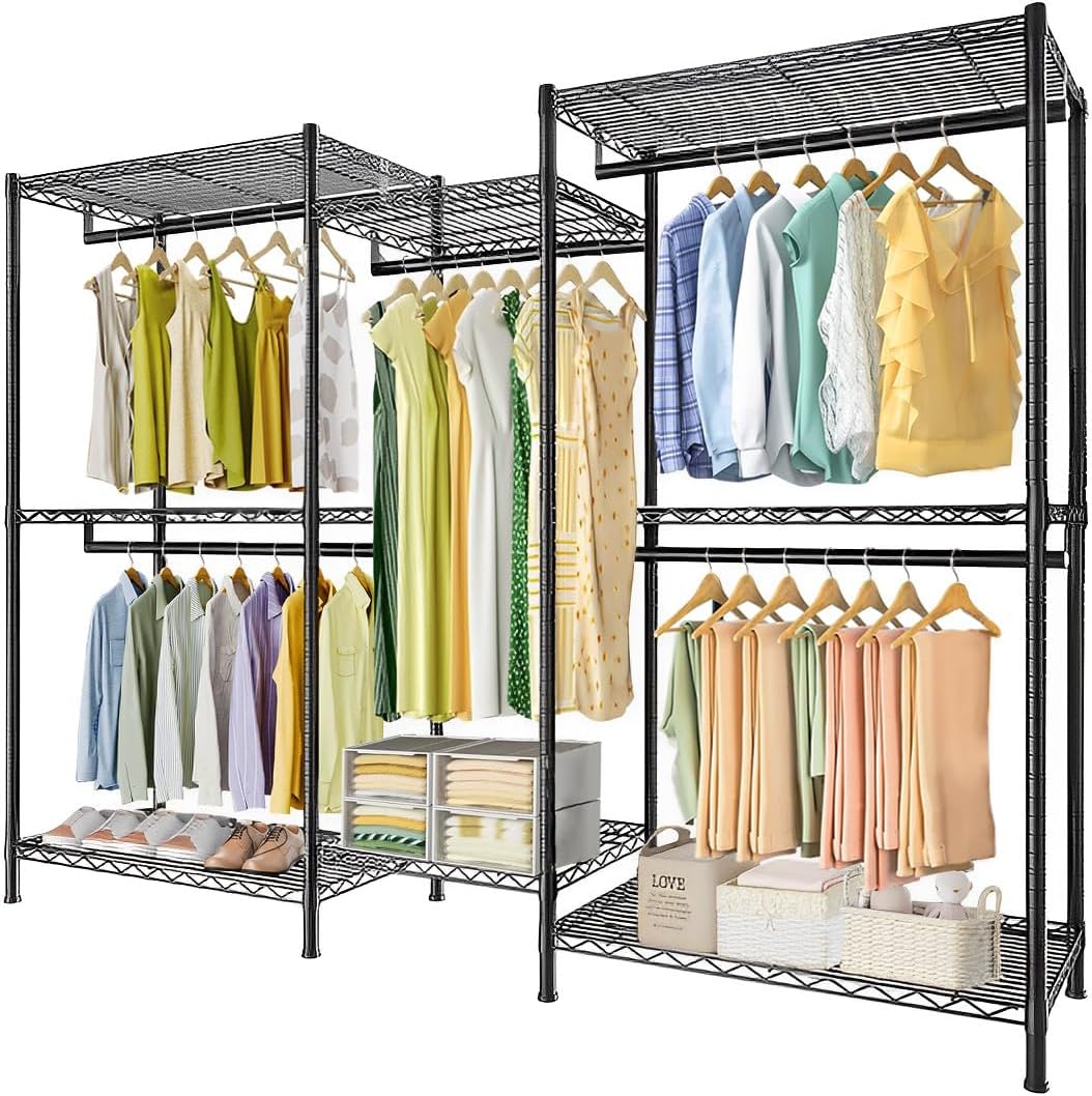 Heavy Duty Clothing Garment Rack Organizer with Hanging Rods & Storage Shelves for Clothes, Shoes & Wardrobe