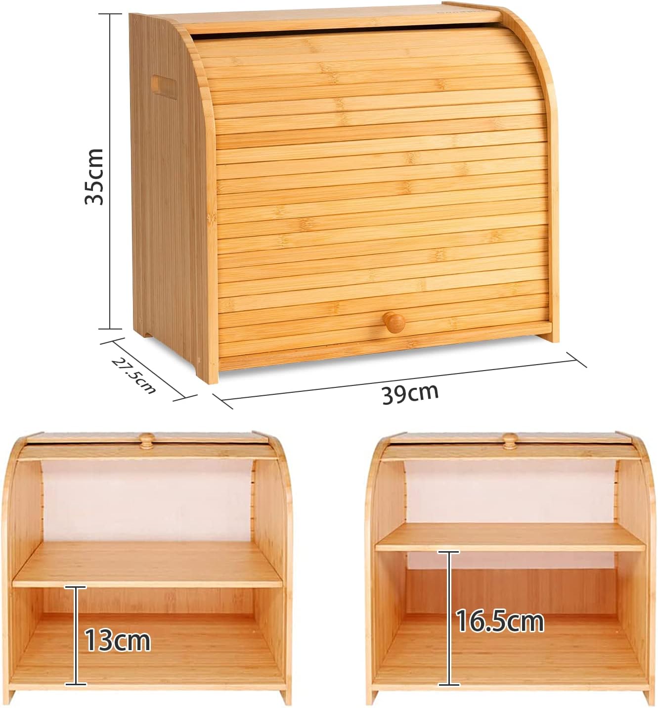 Large Bamboo Bread Box Storage Organizer with Roll Top for Kitchen Counter