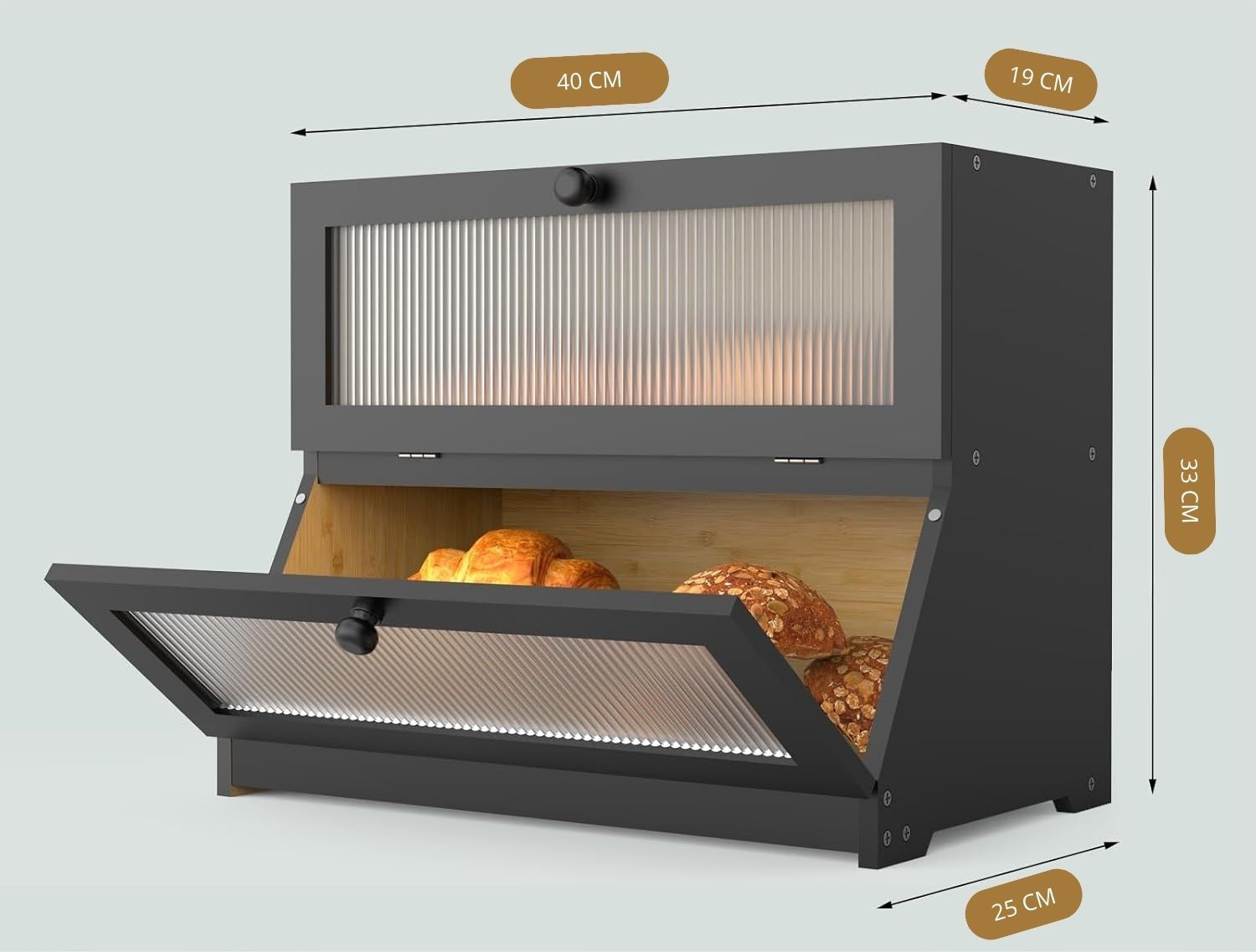 Double Layer Bamboo Bread Box for Kitchen Counter - Large Capacity Bread Storage Container with Clear Window, Easy Assembly, Farmhouse Style Bread Holder (Black)