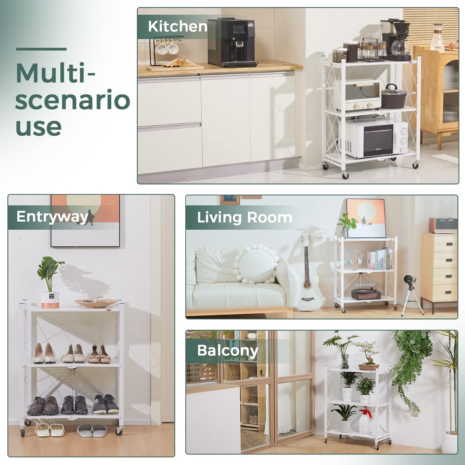 5-Tier Foldable Storage Shelf with Wheels for Kitchen, Garage, Pantry or Basement (White)