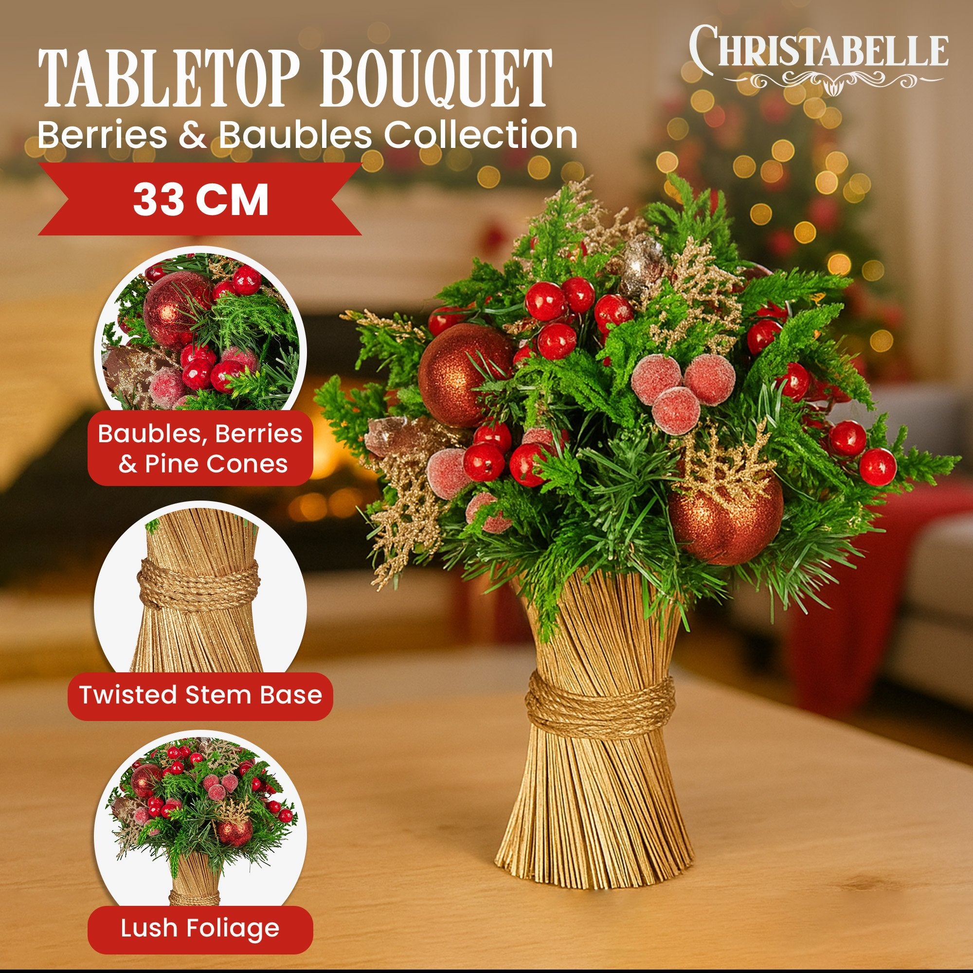 33cm Christmas Bouquet Pre-Decorated Holiday Floral Arrangement with Berries, Baubles & Pine Cones Festive Tabletop Centrepiece Decoration
