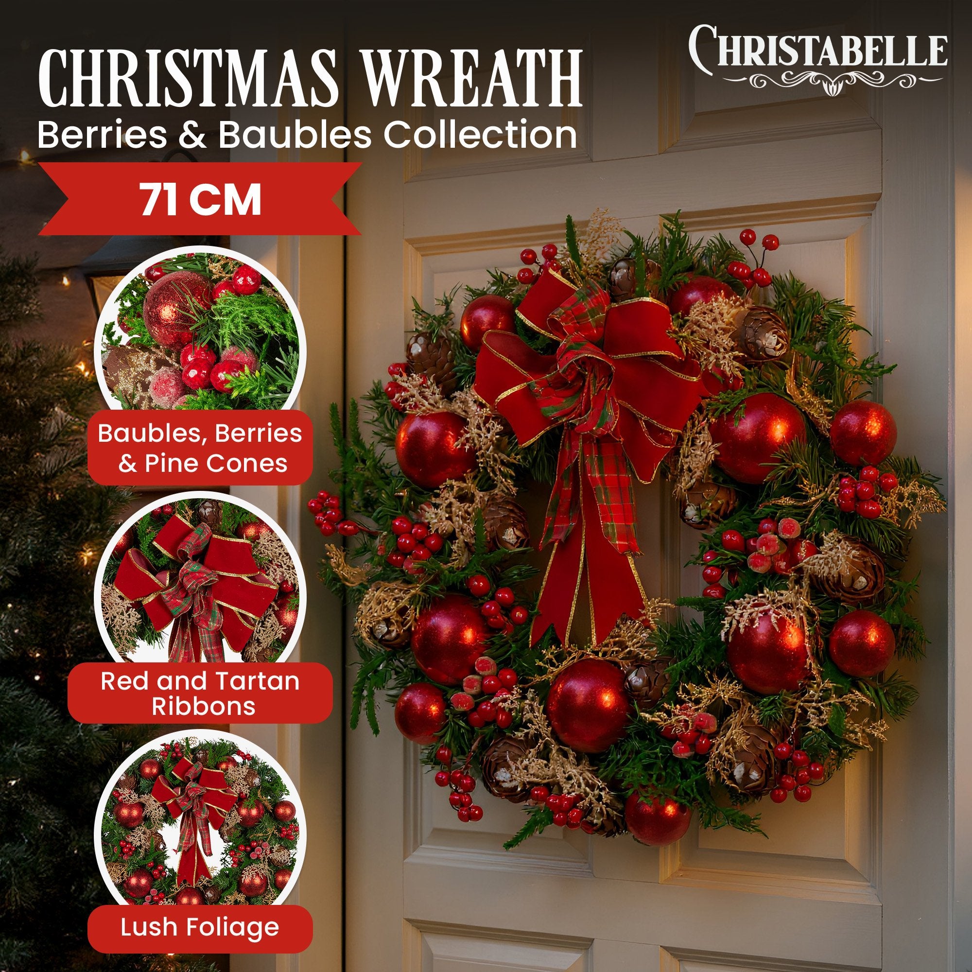 71cm Christmas Wreath Lush Green Holiday Door Wreath with Red Berries, Baubles & Pine Cones Pre-Decorated Festive Wall or Front Door Decoration