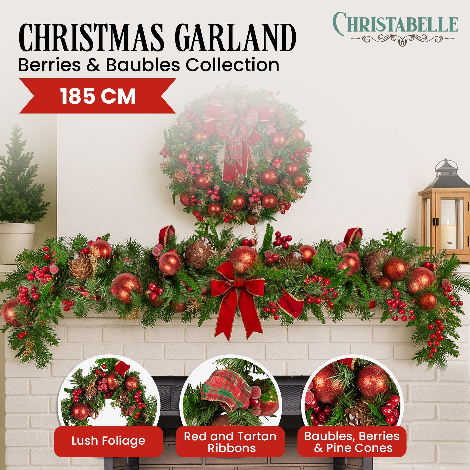 185cm Christmas Garland Lush Green Holiday Garland with Red Berries, Baubles & Pine Cones Pre-Decorated Festive Shelf or Banister Decoration
